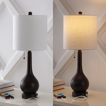 Tyler 24" Modern Classic Gourd Iron LED Table Lamp with Pull-Chain with Dual USB Charging Port - JONATHAN Y